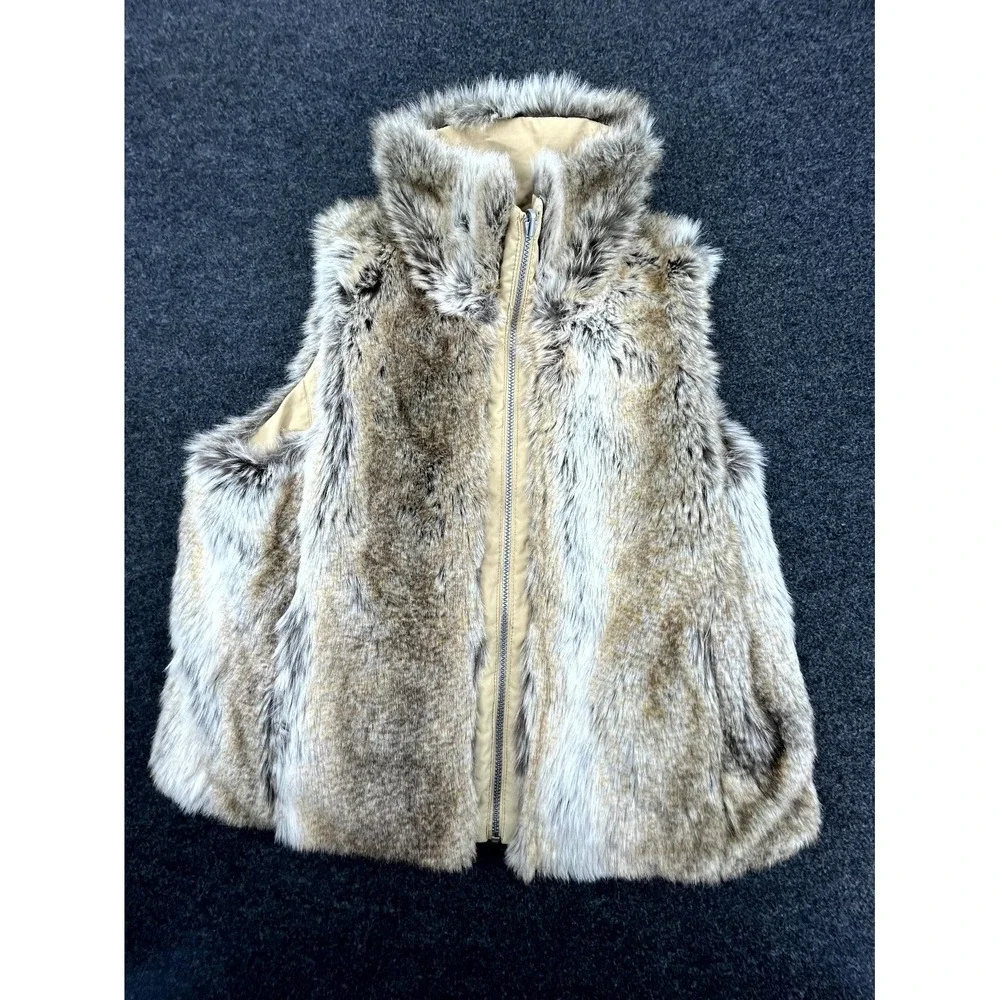Weatherproof Reversible Vest Womens Large Tan Brown Full Zip Faux Fur Mock Neck - Picture 1 of 8